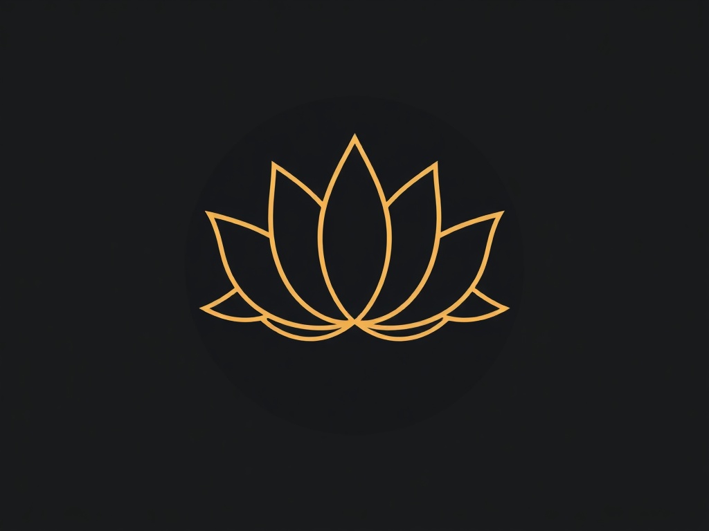 A minimalist lotus flower symbol in gold line art on a dark circular background. High-end, clean. Photorealistic, 8k.
